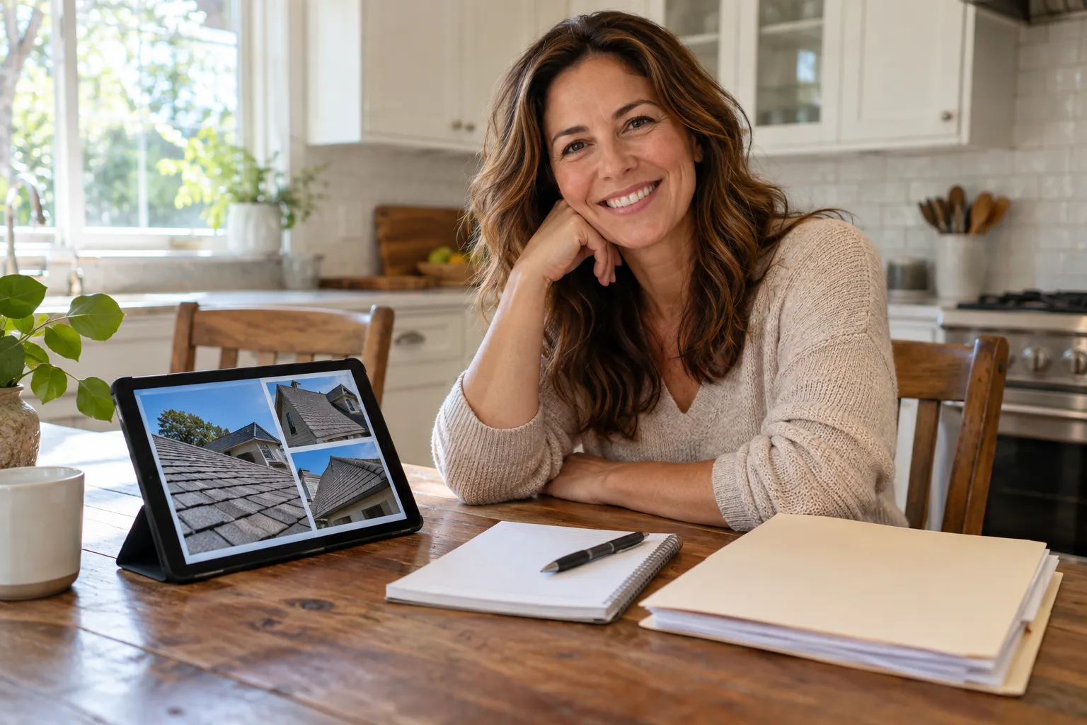 Homeowner reviewing roof photos and notes at a kitchen table