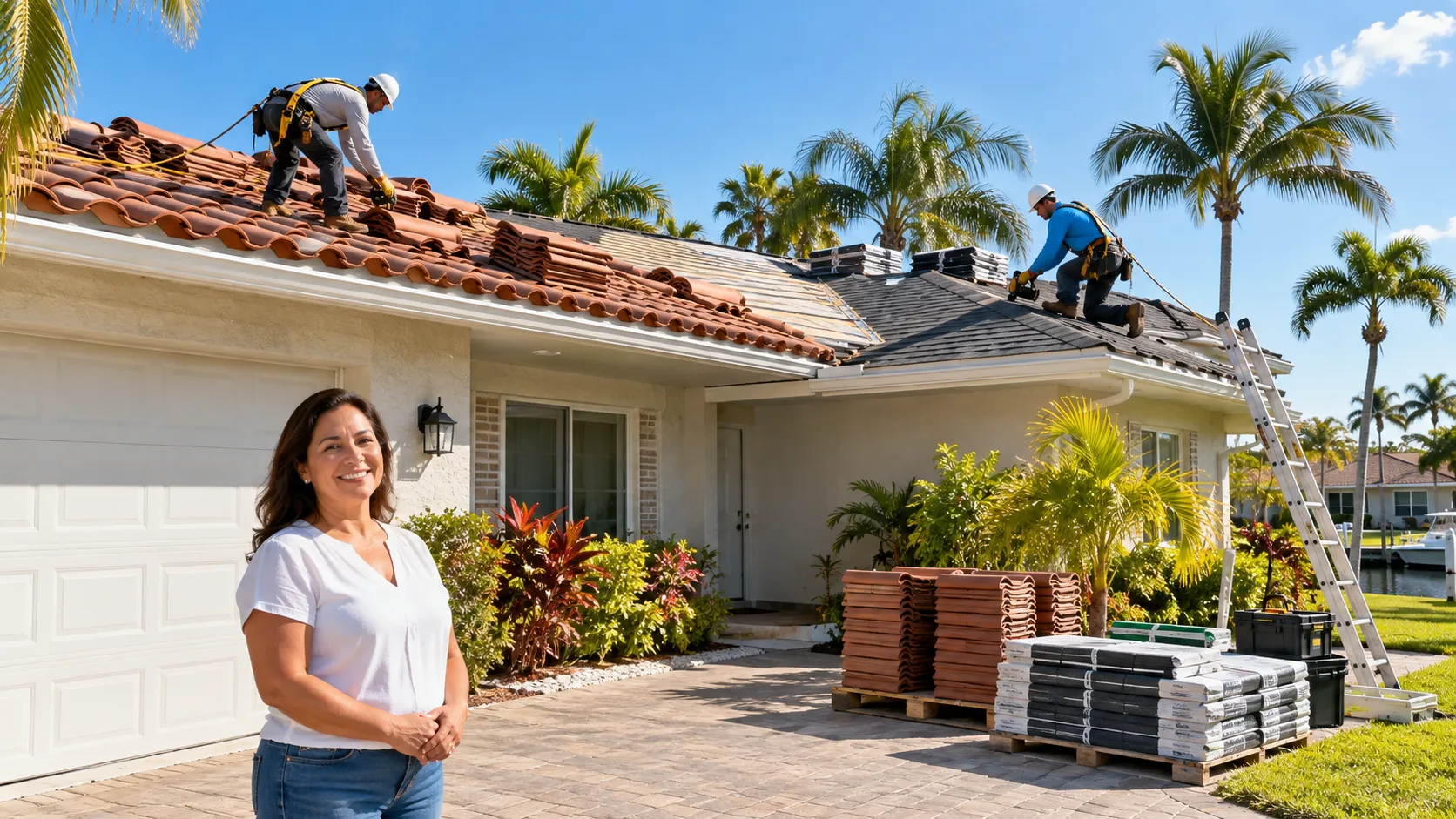 Roofing crew installing new shingles on a single-story home in Miami